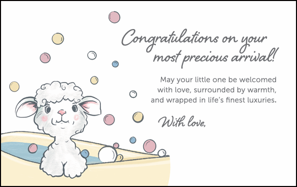 EleryB gift greeting card with a lamb in a yellow tub and pastel bubbles on white premium stationery