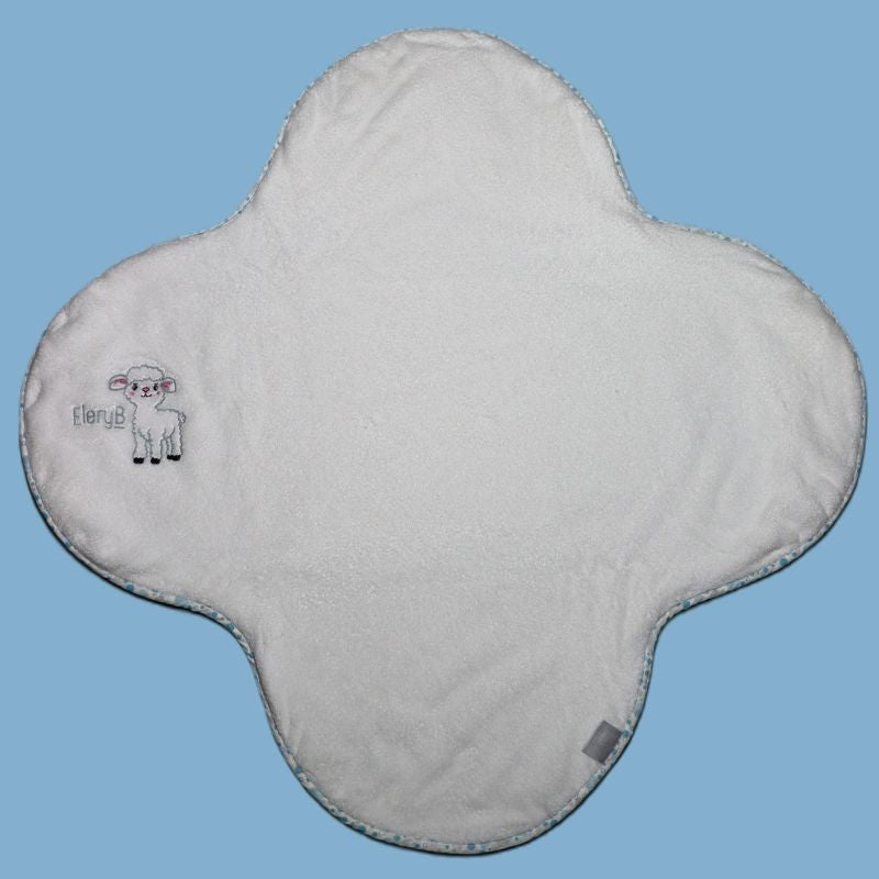 White EleryB towel with blue geometric trim and embroidered lamb logo, full view
