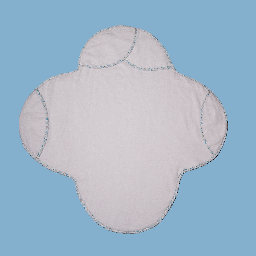 White EleryB hooded towel with blue geometric trim showing head and side flaps
