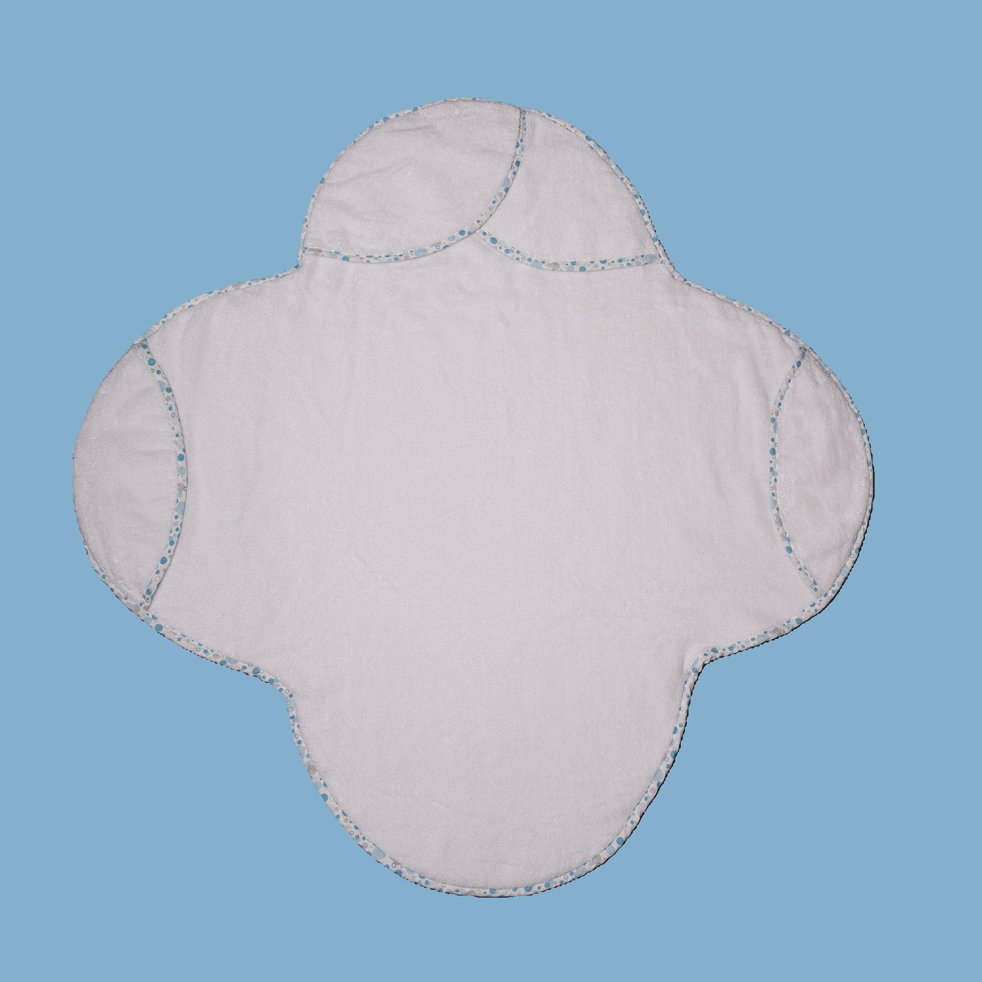 White EleryB hooded towel with blue geometric trim showing head and side flaps
