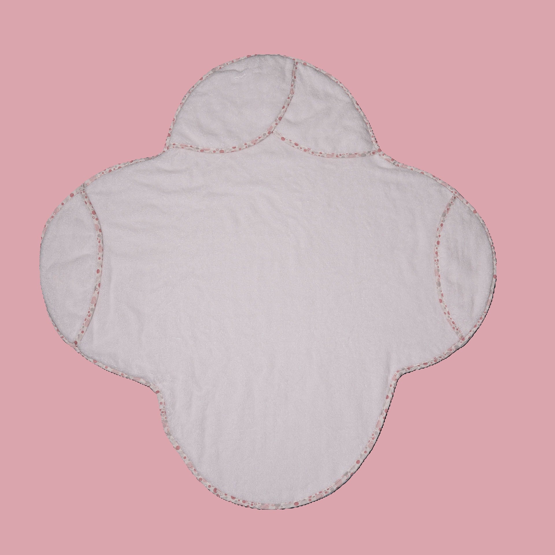 White EleryB hooded towel with pink geometric trim showing head and side flaps
