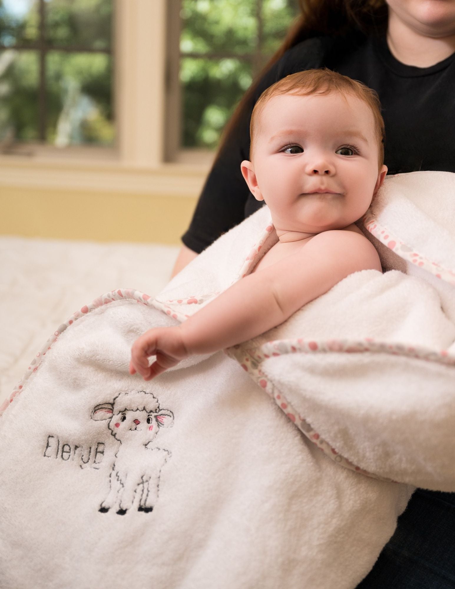 EleryB luxury towel with embroidered lamb with infant and mom
