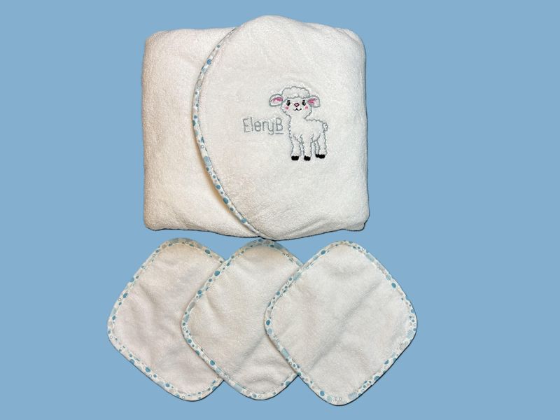 EleryB hooded towel and washcloth bundle with blue trim and lamb logo
