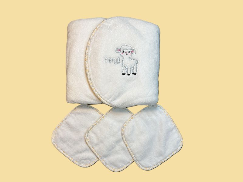 EleryB hooded towel and washcloth bundle with yellow trim and lamb logo
