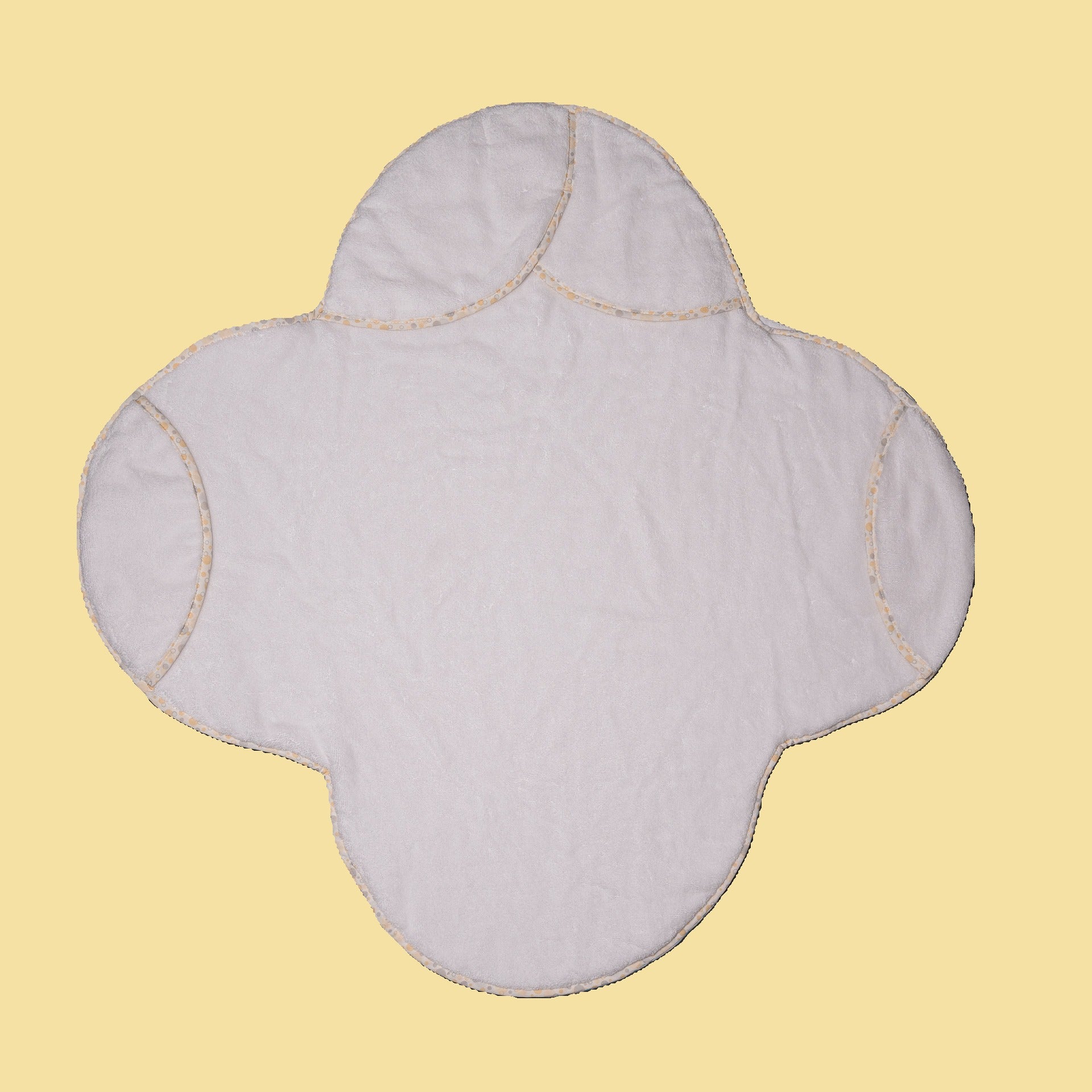 White EleryB hooded towel with yellow geometric trim showing head and side flaps
